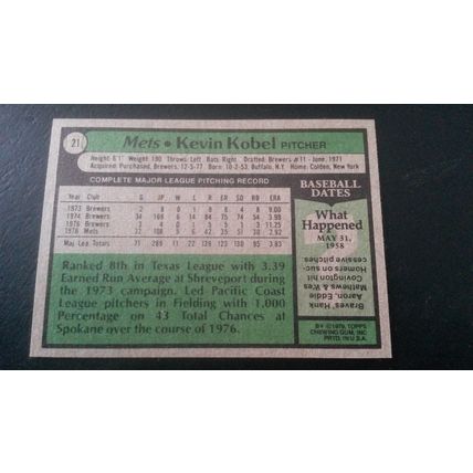 1979 Topps Card # 021 Kevin Kobel Excellent-Mint (6) New York Mets