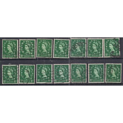 GB 1952 - 54 QE2 1 1/2d x 14 Green used stamps ( H1353 )