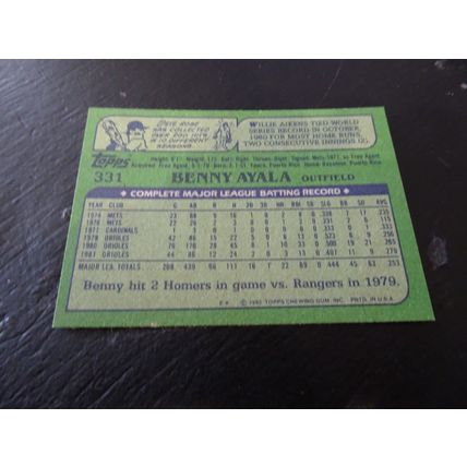 1982 Topps Card # 331 Benny Ayala Excellent-Mint (6) Baltimore Orioles