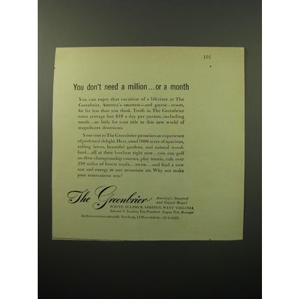 1950 The Greenbrier Resort Ad - You don't need a million.. or a month