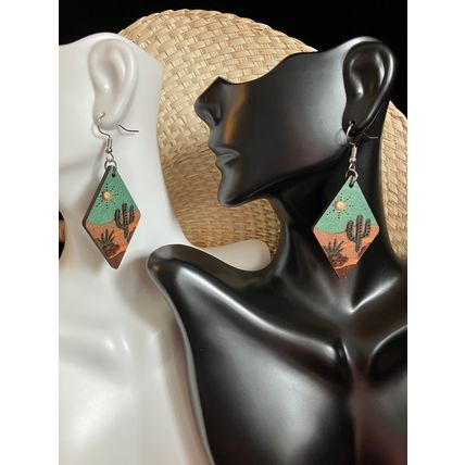 Earrings Western Cactus Sun Gobi Mountain Dangle Blue #670