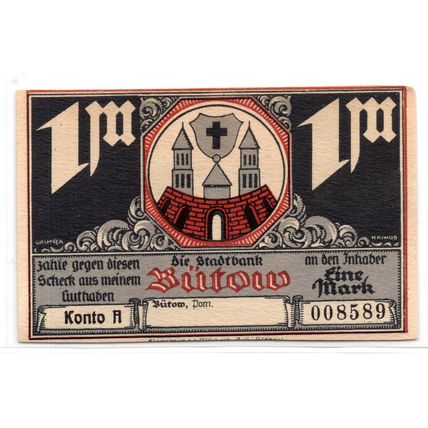 1922 Germany Butow Notgeld 1 Mark Note (1321)