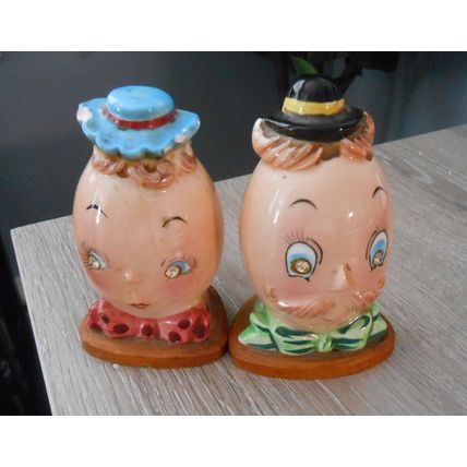 Vintage Salt & Pepper Shakers~Anthropomorphic Mr & Mrs Egg Head Rhinestone Eyes
