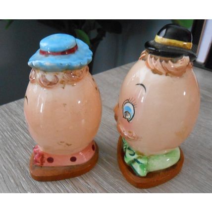 Vintage Salt & Pepper Shakers~Anthropomorphic Mr & Mrs Egg Head Rhinestone Eyes