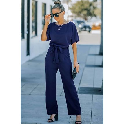 Blue Belted Wide Leg Jumpsuit
