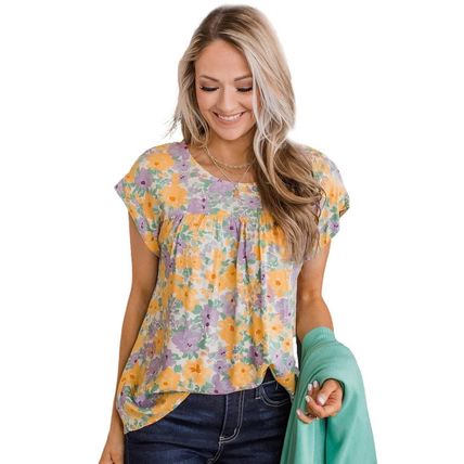 Yellow Floral Print Keyhole Back Short Sleeve Babydoll Blouse