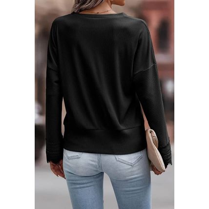 Black Ribbed Texture Lace Trim V Neck Long Sleeve Top