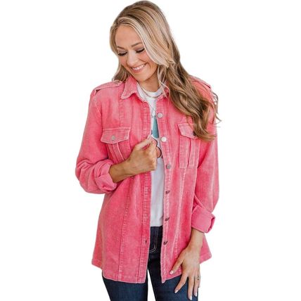 Pink Buttoned Flap Pocket Corduroy Jacket