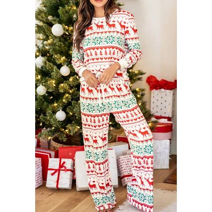 Bright White Christmas Print Pullover and Pants Lounge Set