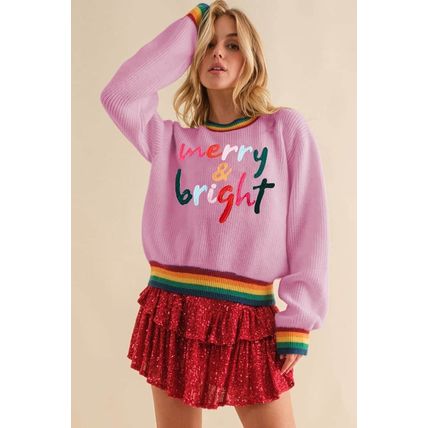 Bonbon Merry & Bright Colorful Stripes Trim Sweater