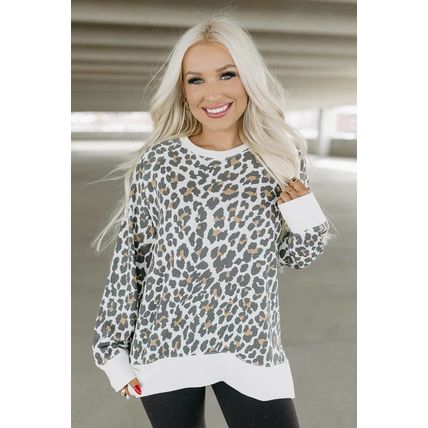 White Printed Solid Trim Leopard Print Top