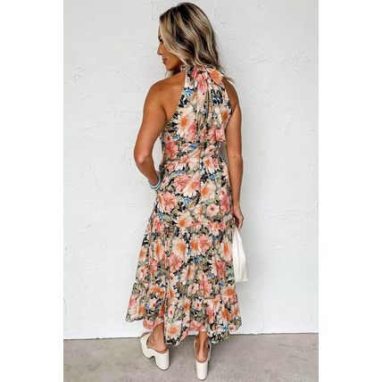 Black Boho Floral Print Knotted Halter Ruffled Maxi Dress