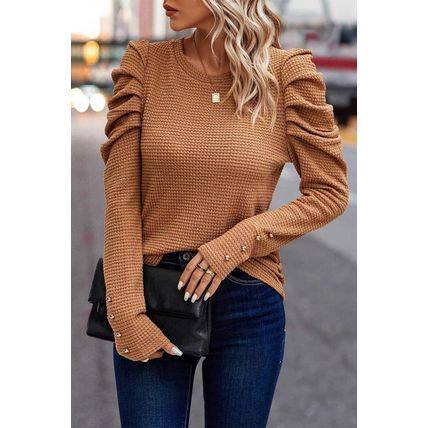 Chestnut Solid Color Textured Buttoned Gigot Sleeve Top