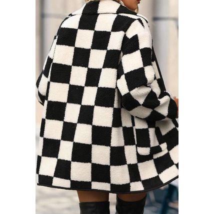 Black Checkered Side Pockets Collared Buttoned Fleece Jacket