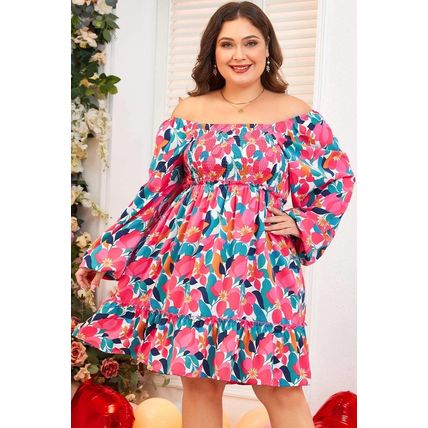 Rose Flower Print Smocked Square Neck Plus Size Dress