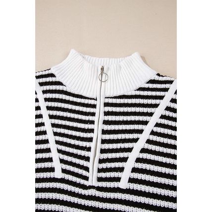 Black Stripe Zip up Collar Drop Shoulder Sweater