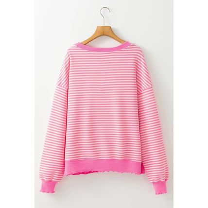 Pink Stripe Santa Clause Print Drop Shoulder Long Sleeve Loose Top