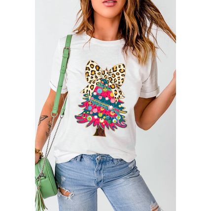 White Leopard Bow Décor Christmas Tree Graphic Crew Neck Tee