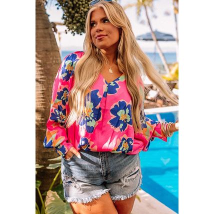 Rose Floral Pattern V Neck Balloon Sleeve Plus Size Blouse