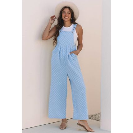 Beau Blue Checkered Pocketed High Waist Wide Leg Overall