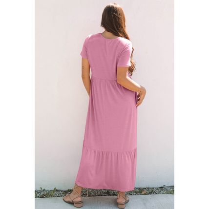 Pink Solid Color T-shirt High Waist Pocketed Long Dress