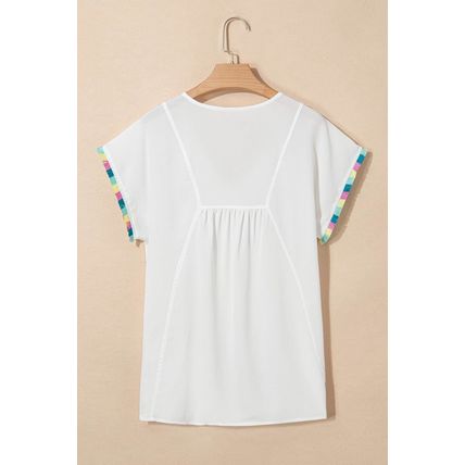 White Colorful Fringed Detail Tassel Tie Neck Short Sleeve Blouse