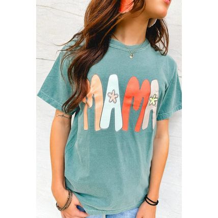 Sea Green MAMA Printed Mineral Wash Crewneck T Shirt