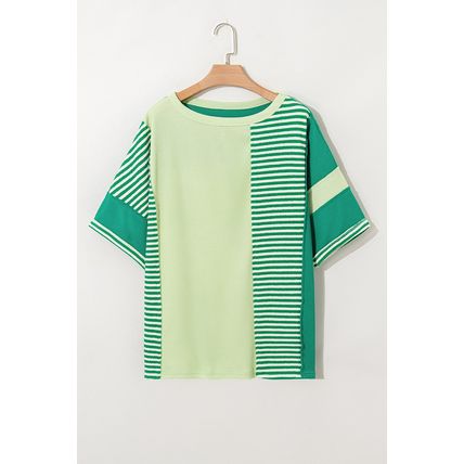 Green Stripe Patchwork Colorblock Plus Size T Shirt