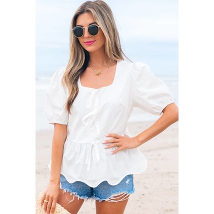 White Bow Knot Decor Square Neck Puff Sleeve Peplum Top
