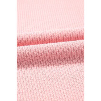 Light Pink Pearl Beaded Ruffle Short Sleeve Patchwork Ribbed Blouse