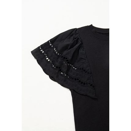 Black Hollow Out Embroidered Short Sleeve O Neck Top