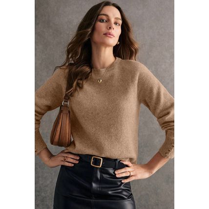 Camel Buttoned Bishop Sleeve Crew Neck Sweater