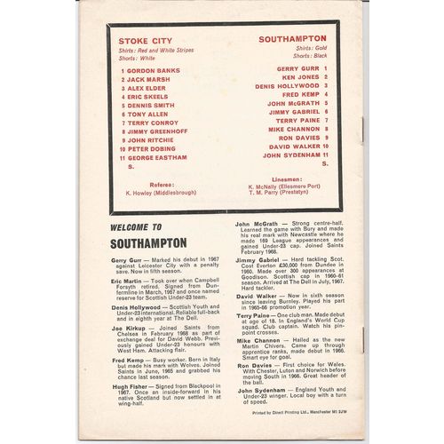 1969-70 STOKE CITY v SOUTHAMPTON (Very Good Condition - No Writing)
