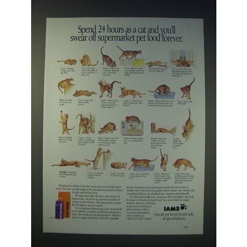 1989 Iams Pet Food Ad - Spend 24 hours as a cat and you'll swear off