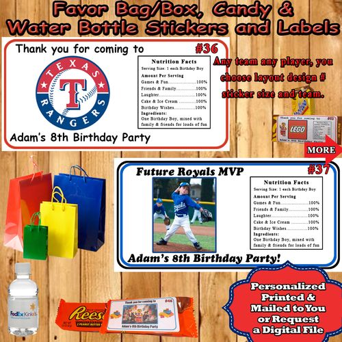 Baseball MLB Birthday Favor Stickers Water Bottle Labels Personalized ANY Team