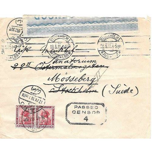 Egypt Sphinx and Pyramid Letter rate Cairo to Sweden 1918 CENSORED REDIRECTED