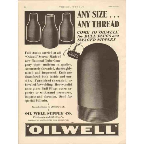OIL WELL SUPPLY COMPANY 1931 any size thread bull plugs vintage ad