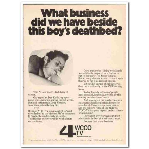 WCCO-TV 1973 Boys deathbed Don Kladstrup Doug Menanic media vintage ad