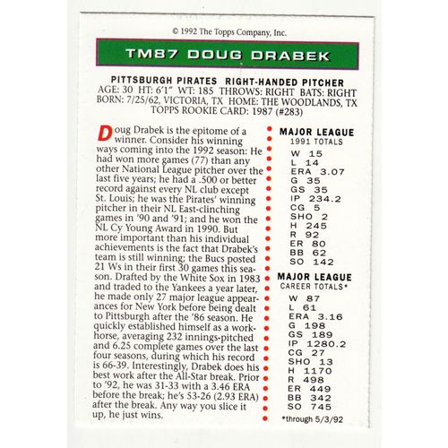 1992 Topps Magazine baseball TM87 Doug Drabek insert card –NM- Pirates