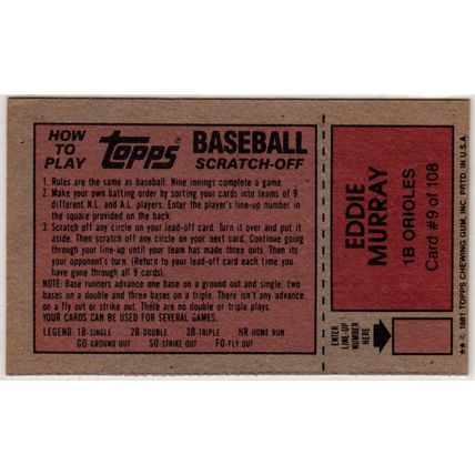 1981 Topps Scratch-Off Eddie Murray #9 baseball card –Scratchoffs-Orioles