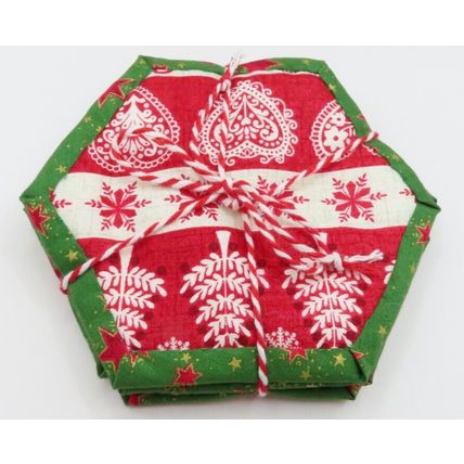 Christmas Coasters Fabric Handmade Hexagon Red & Green Gift Home Decor Christmas