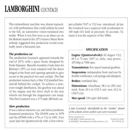 Collectors Club card. Classic Cars. Lamborghini Countach