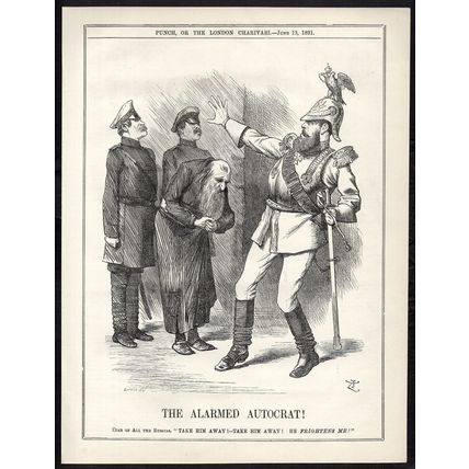 ALARMED AUTOCRAT! 1891 Sir John Tenniel - Tsar Alexander III PUNCH CARTOON PAGE