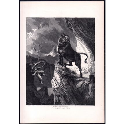 BY THE LAKE OF LUCERNE 1880 H. Jenny - Switzerland ANTIQUE ENGRAVING