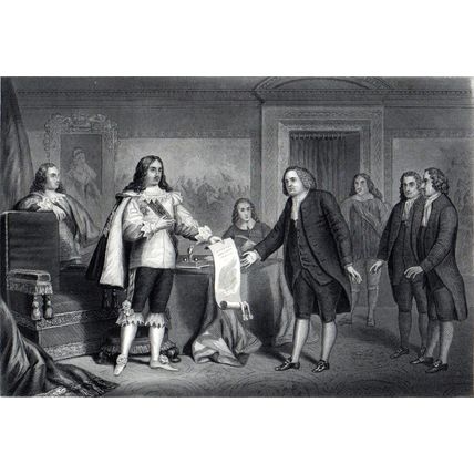 WILLIAM PENN RECEIVING THE CHARTER OF PENNSYLVANIA 1876 ANTIQUE ENGRAVING