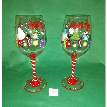 PAIR of HANDPAINTED PIER 1 CELEBRATE THE SEASON CHRISTMAS SANTA 9" WINE GLASSES