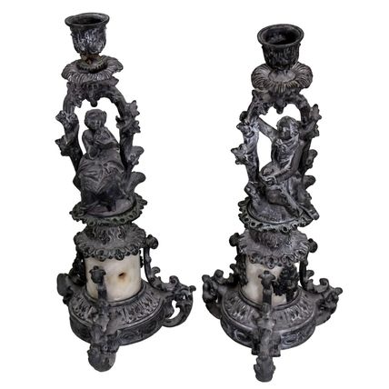 Pair of Antique c1900 French Spelter and Marble Candle Holders, Man Woman, 33 cm