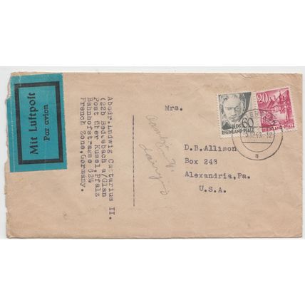 AIR MAIL old etiquette Mit Luftpost -Germany - Rheinland-Pfalz 1949 to USA