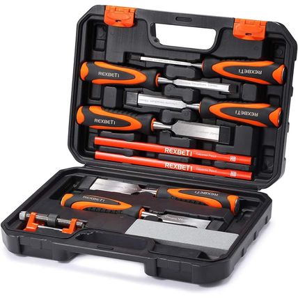 REXBETI 10Pcs Premium Wood Chisel Set, 6Pcs Wood Chisel with 1 Honing Guide, 1 S