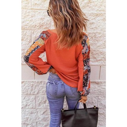 Orange Contrast Eyelet Thermal Knit Top